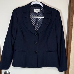 Le Suit Petite 14P Navy Blue Blazer Polka Dot Lined Career Classic Jacket